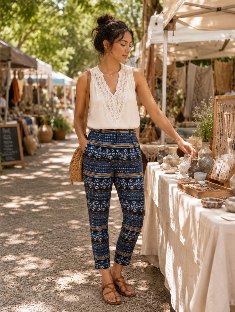 Elevenses Anthropologie Aralia Printed Knotted Cuff Cropped Pants Women's S